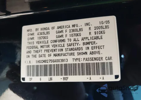 2006 Honda Accord 3.0 Ex z USA, uszkodzony, nr VIN 1HGCM82756A003913